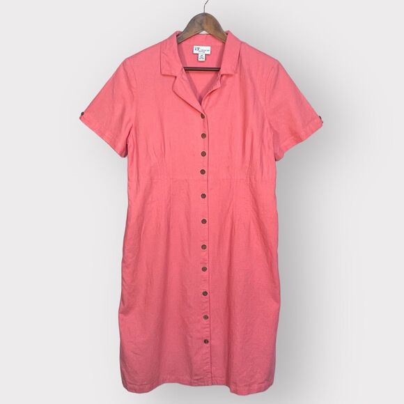 The TOG Shop Midi Shirt Dress Women Size 14P Pink Button Front Linen Blend - Picture 1 of 14